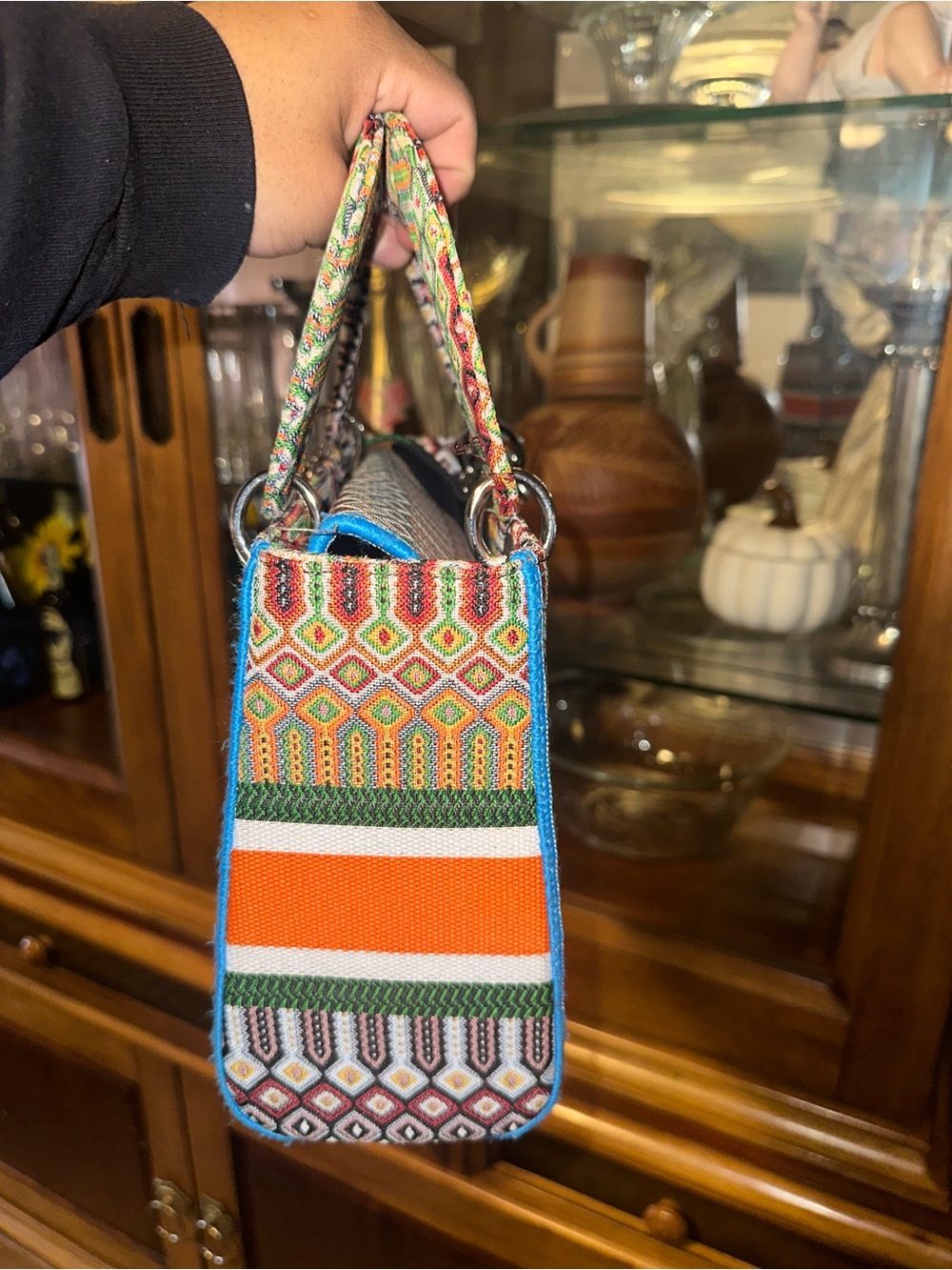 [EXCLAIMER, ITS A DUPE] Dior Multicolor Embroidered Tote with Orange Stripe - Picture 2 of 7